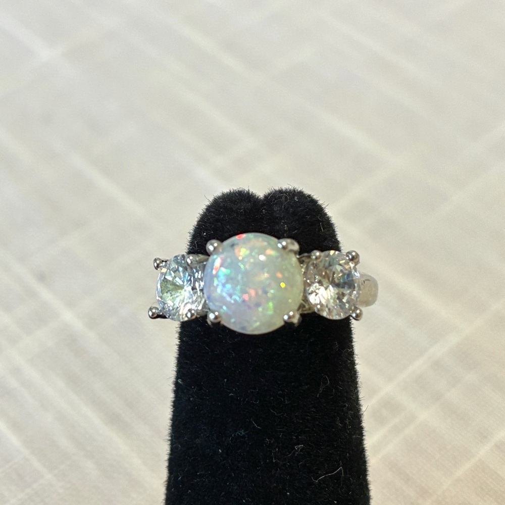 Lab Opal Sterling silver CZ Ring sz 6